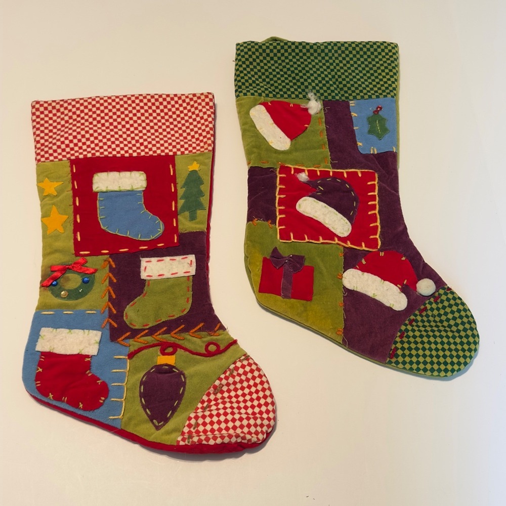 Set of 2 Dan Dee Christmas Stocking Set Multicolor Patchwork Velvet 17.5in